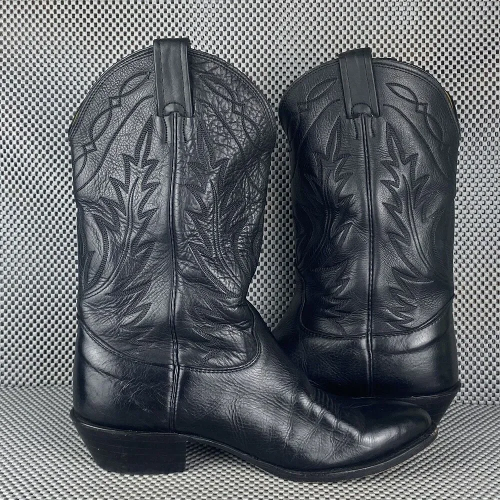 Nocona Cowboy Boots Mens 9 2E Black Leather Western Embroidered Made in USA